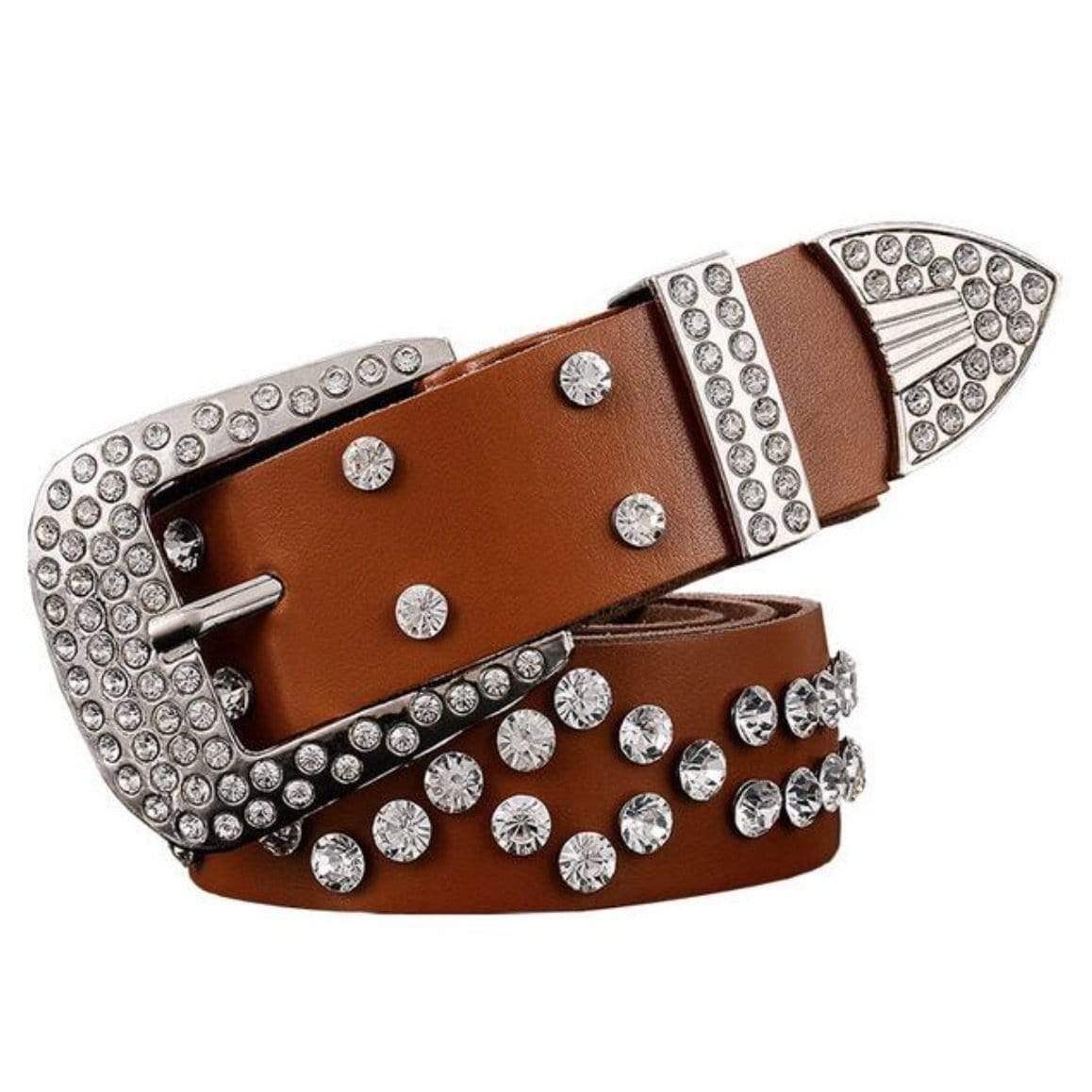 Brown leather belt with rhinestone buckle and accents.
