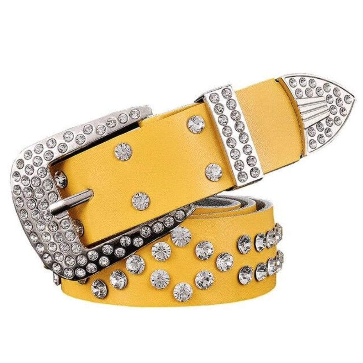 Yellow rhinestone studded belt with silver buckle.