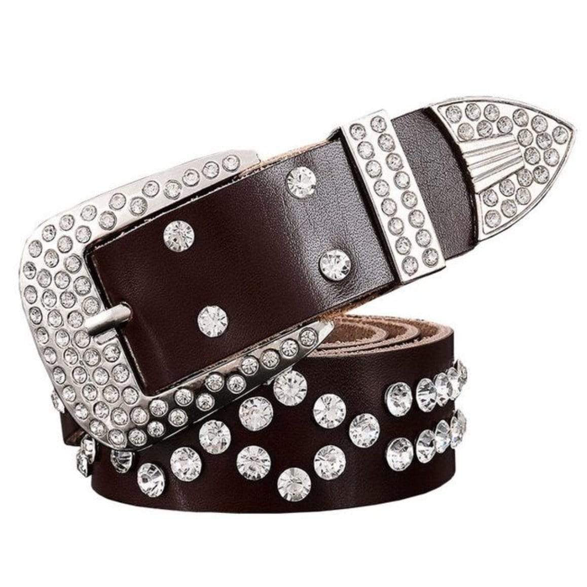 Brown leather belt with silver rhinestone embellishments.