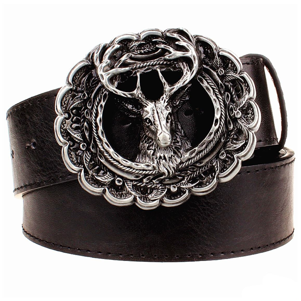 Black leather belt with an ornate silver deer buckle.
