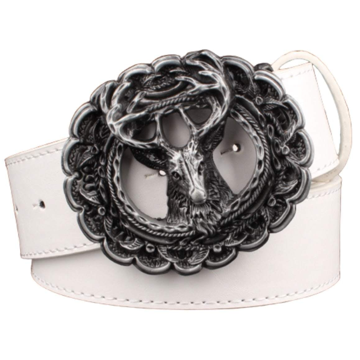 White belt with ornate silver deer buckle.
