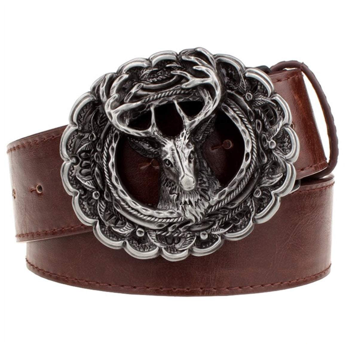 Brown leather belt with silver deer buckle.
