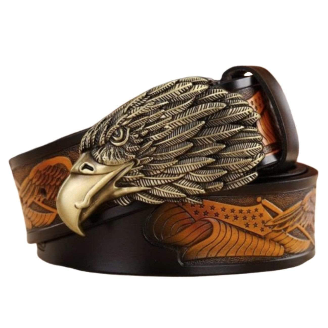 Close-up of a dark brown leather belt with an elaborate bronze eagle head buckle and embossed designs.
