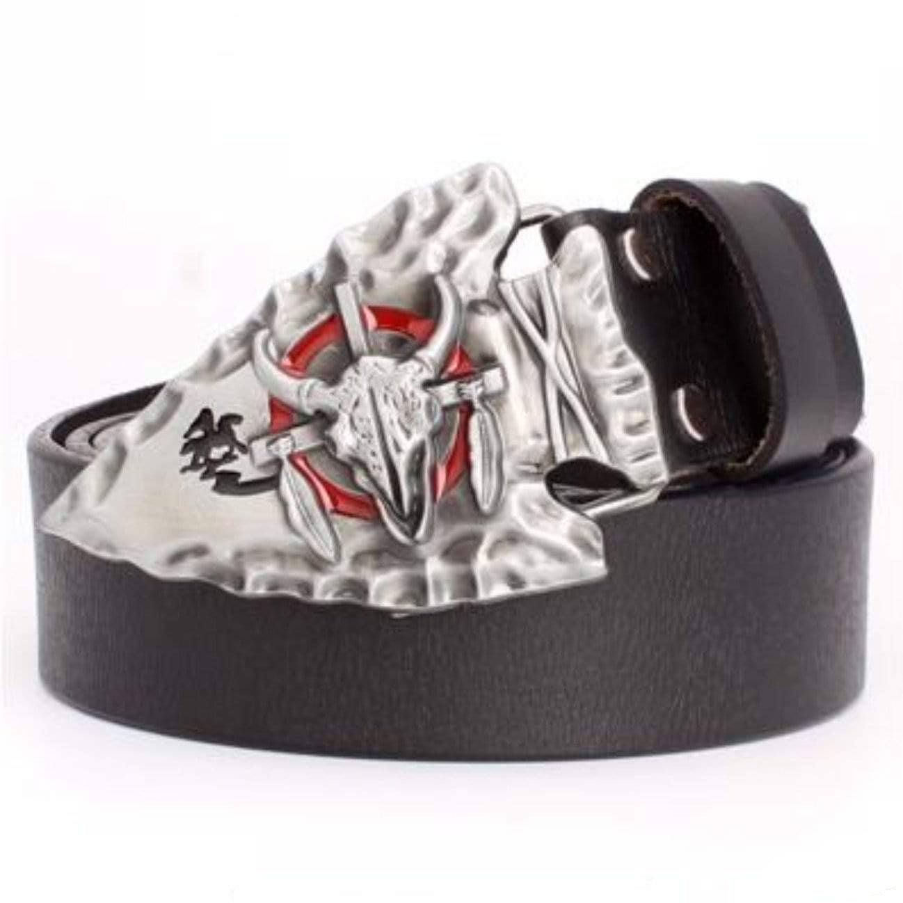Black leather belt with silver and red steer skull buckle.
