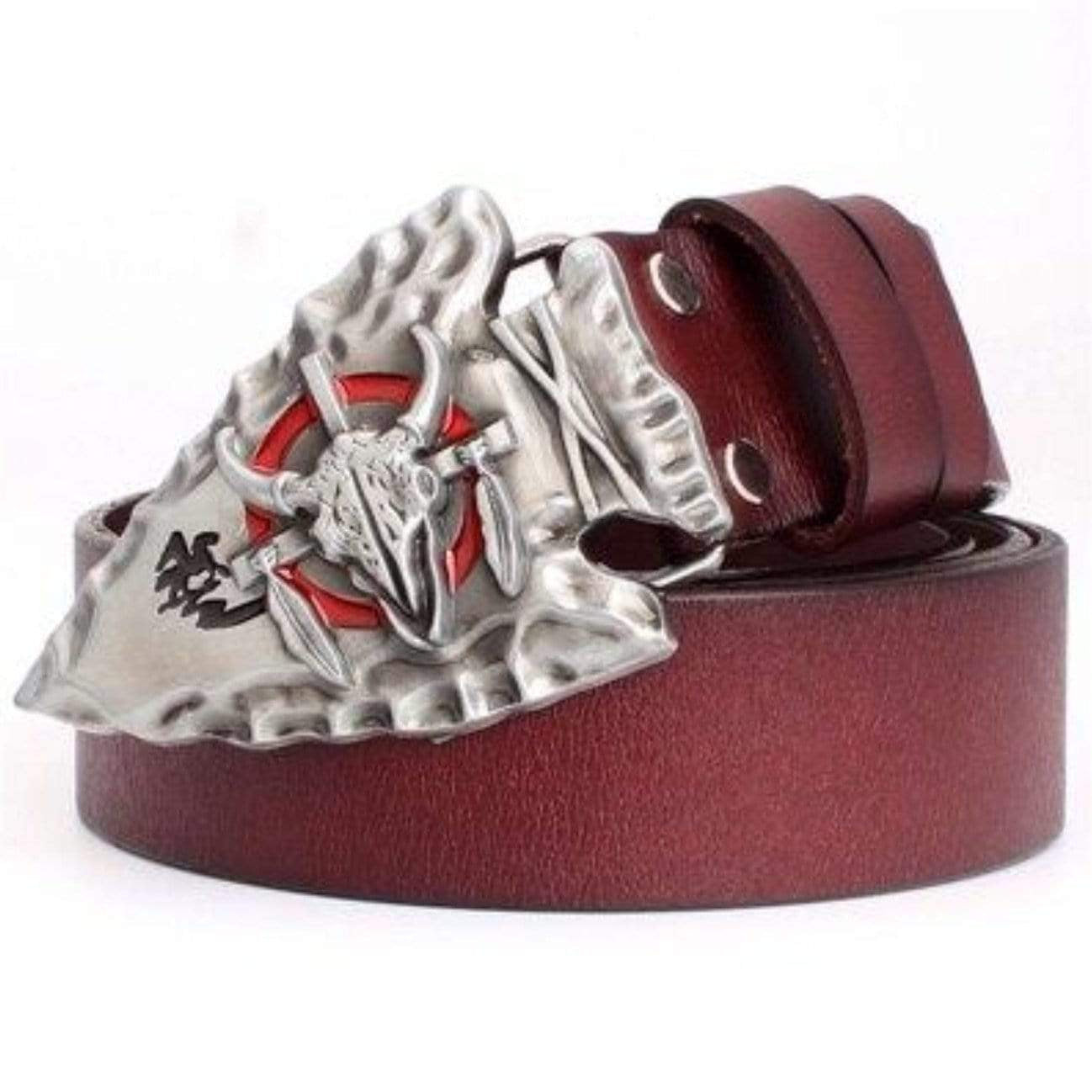 Burgundy leather belt with a silver-colored, detailed arrowhead buckle.