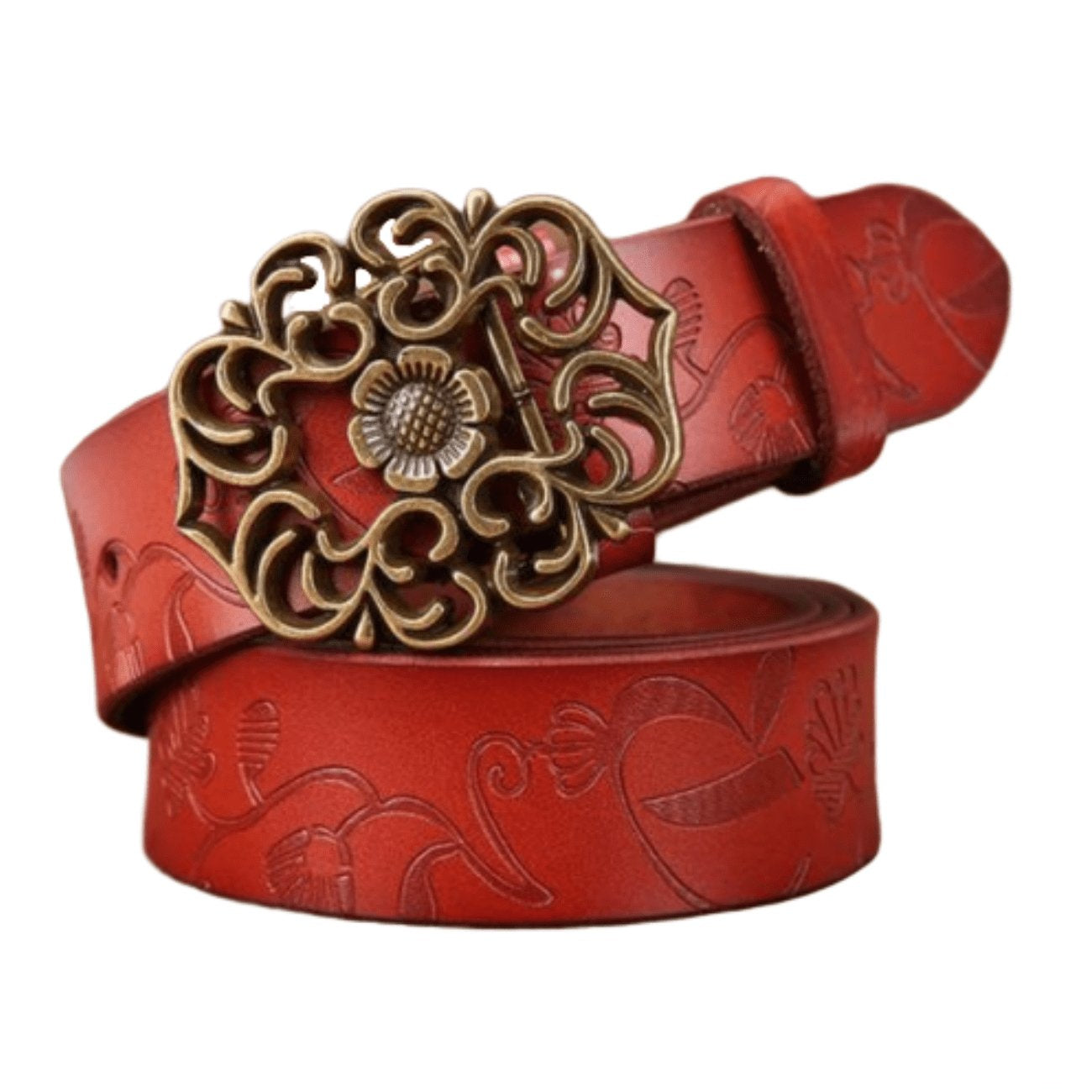 Red leather belt with decorative floral buckle.