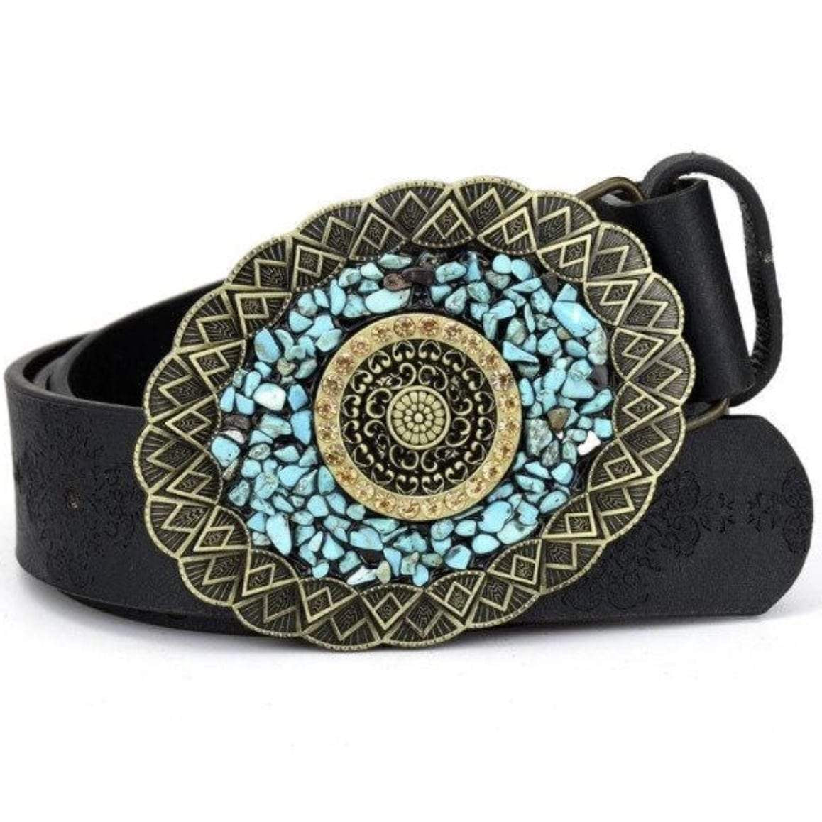 Close-up of a black leather belt with a large, decorative, turquoise-studded buckle.