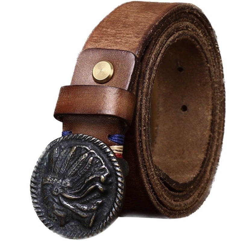 A brown leather belt with a round, decorative buckle.
