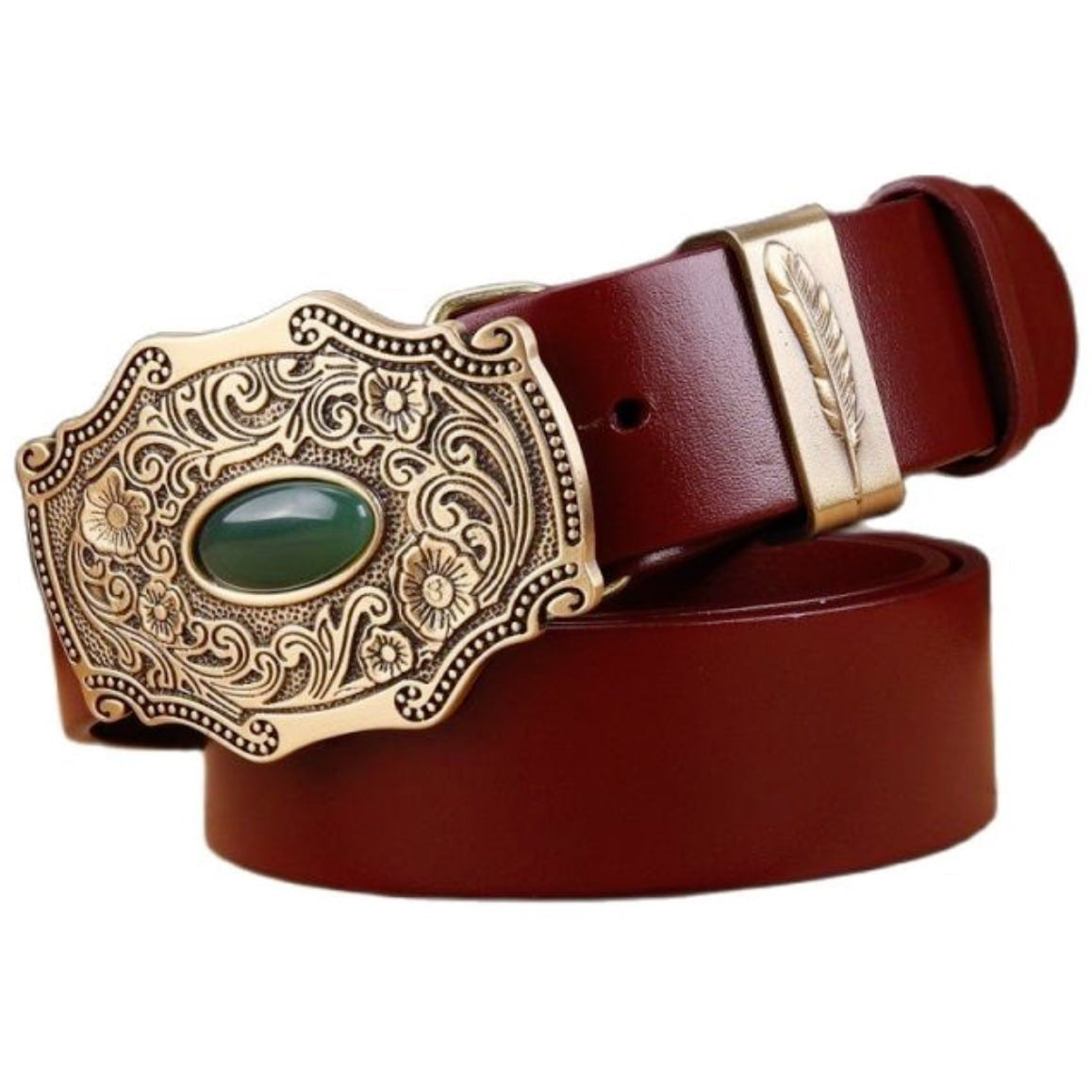 Maroon leather belt with ornate gold buckle and feather accent.
