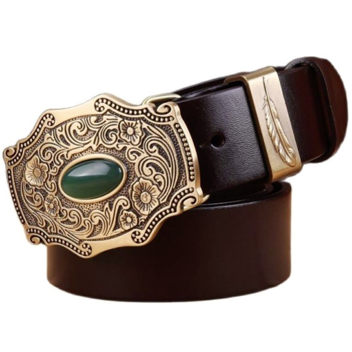 Close-up of a brown leather belt with a large, ornate, gold buckle featuring a green gemstone.