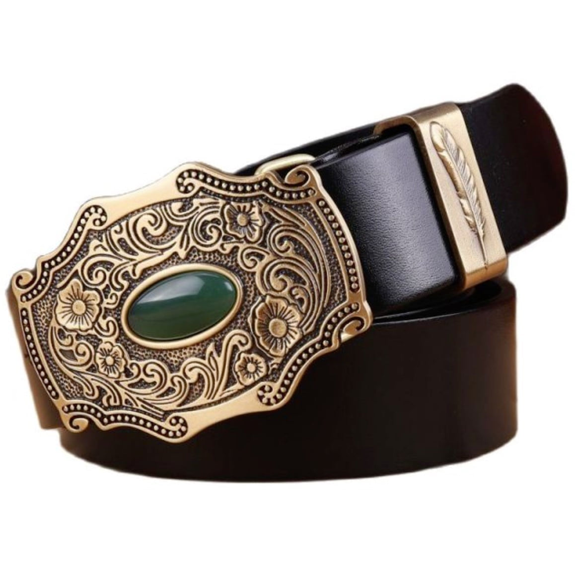 Close-up of a black leather belt with a large gold-colored buckle featuring a green stone and a decorative clasp with a feather design.
