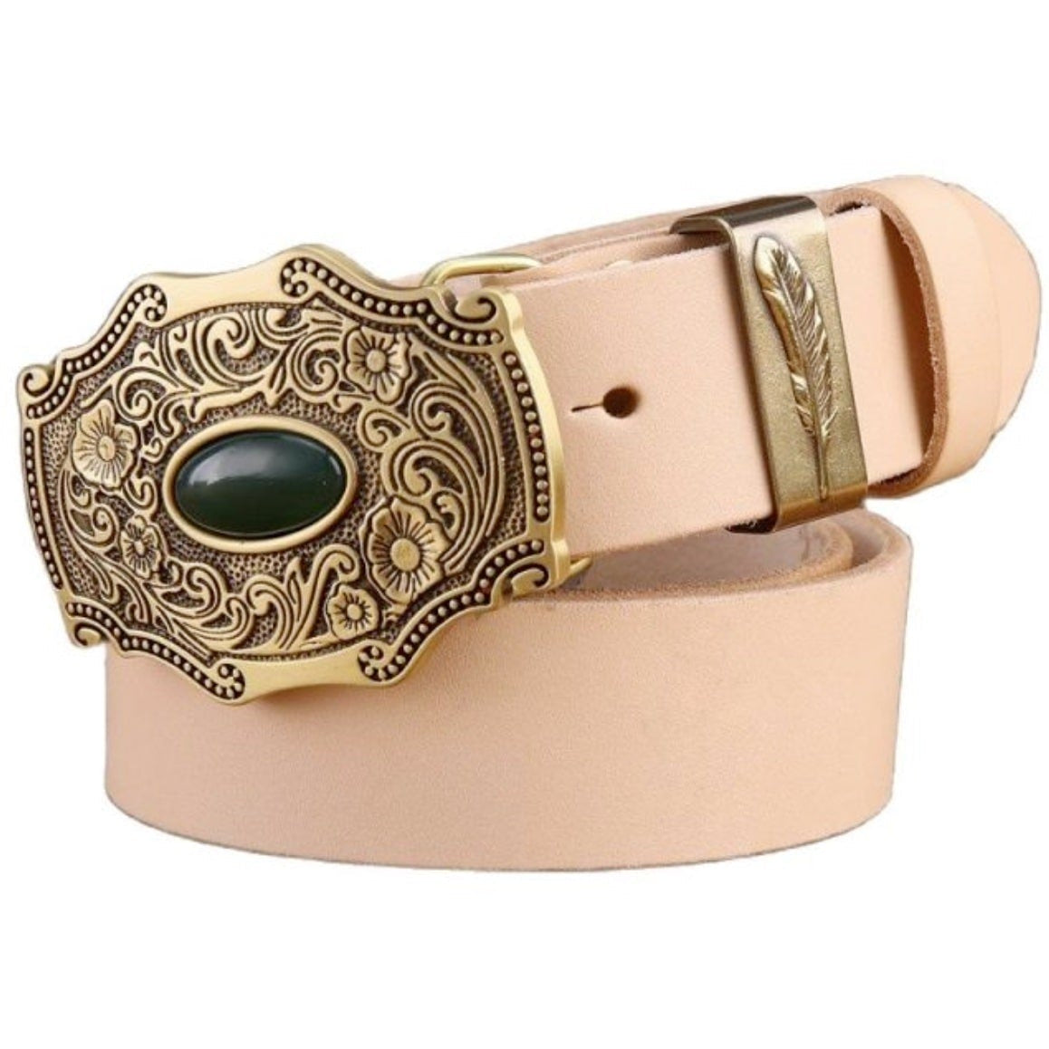 Tan leather belt with a decorative gold buckle featuring a dark green oval gemstone and a gold feather accent.
