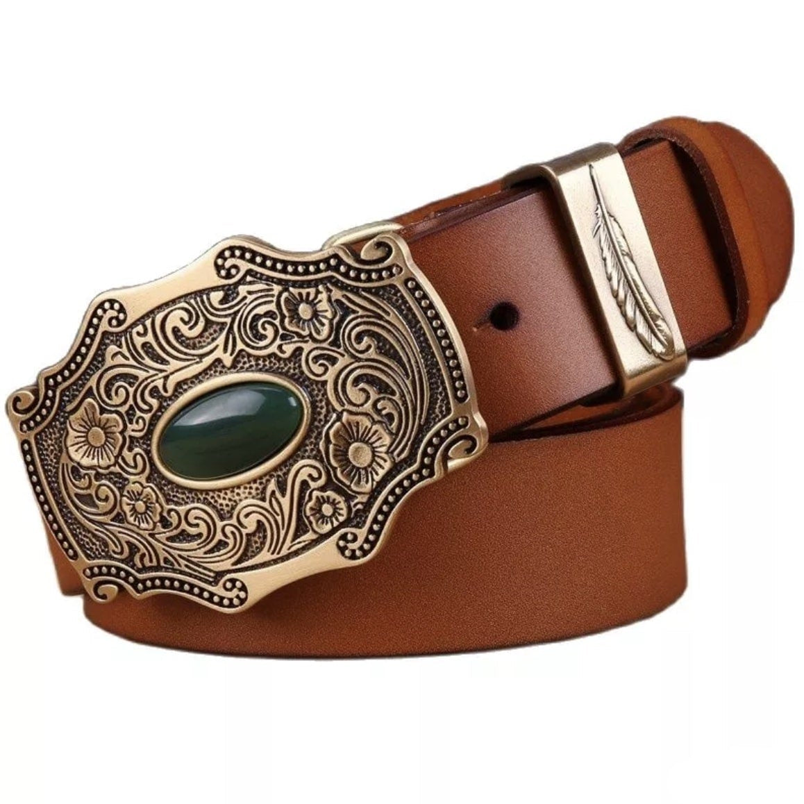 Close-up of a brown leather belt with an ornate, antique-style brass buckle featuring a green stone and a feather design on the keeper.