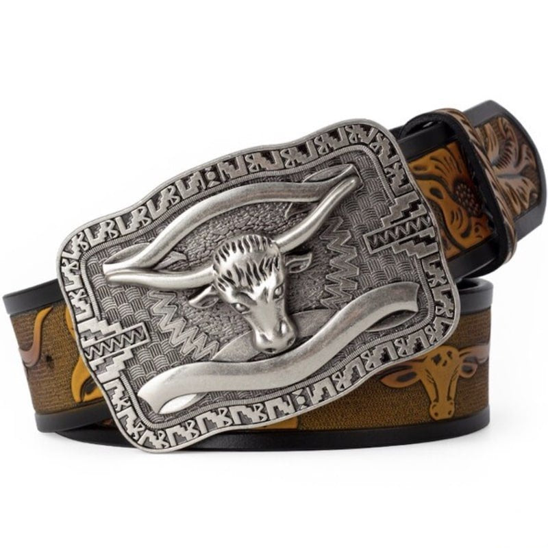 Brown leather belt with silver bull buckle.