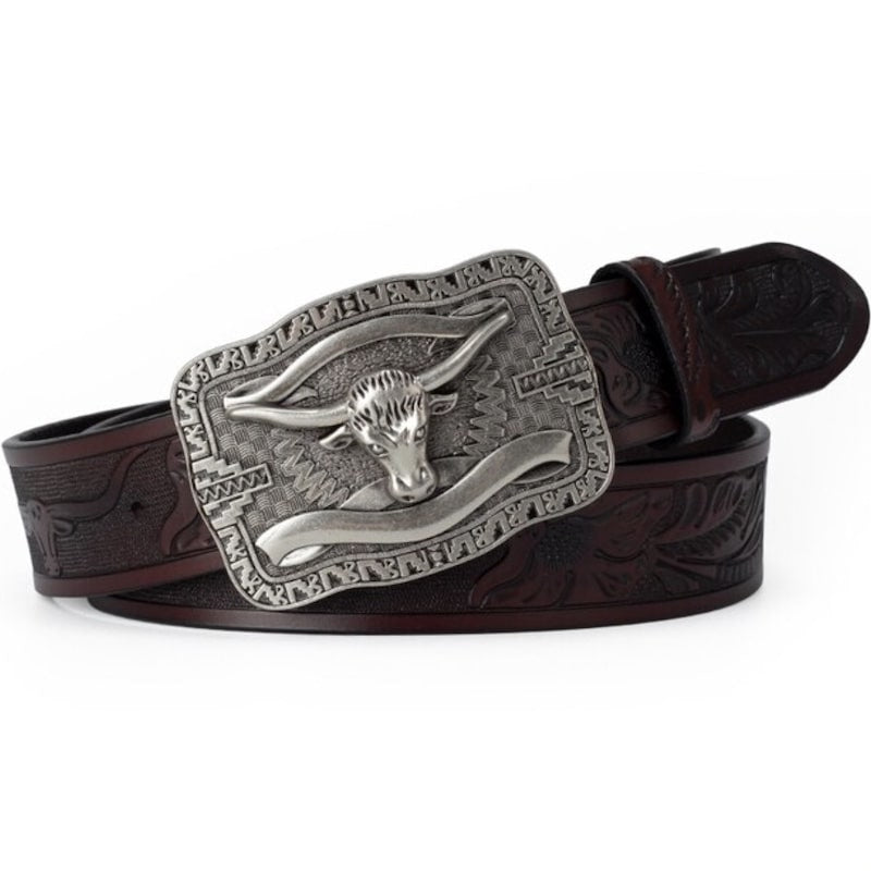 Brown leather belt with a silver bull buckle.