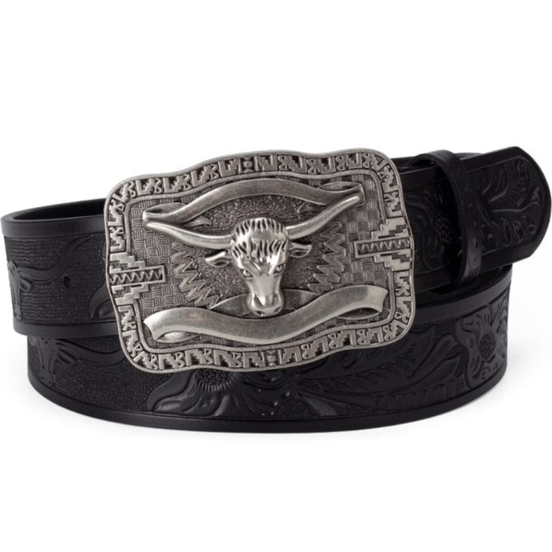 Black leather belt with silver bull buckle.