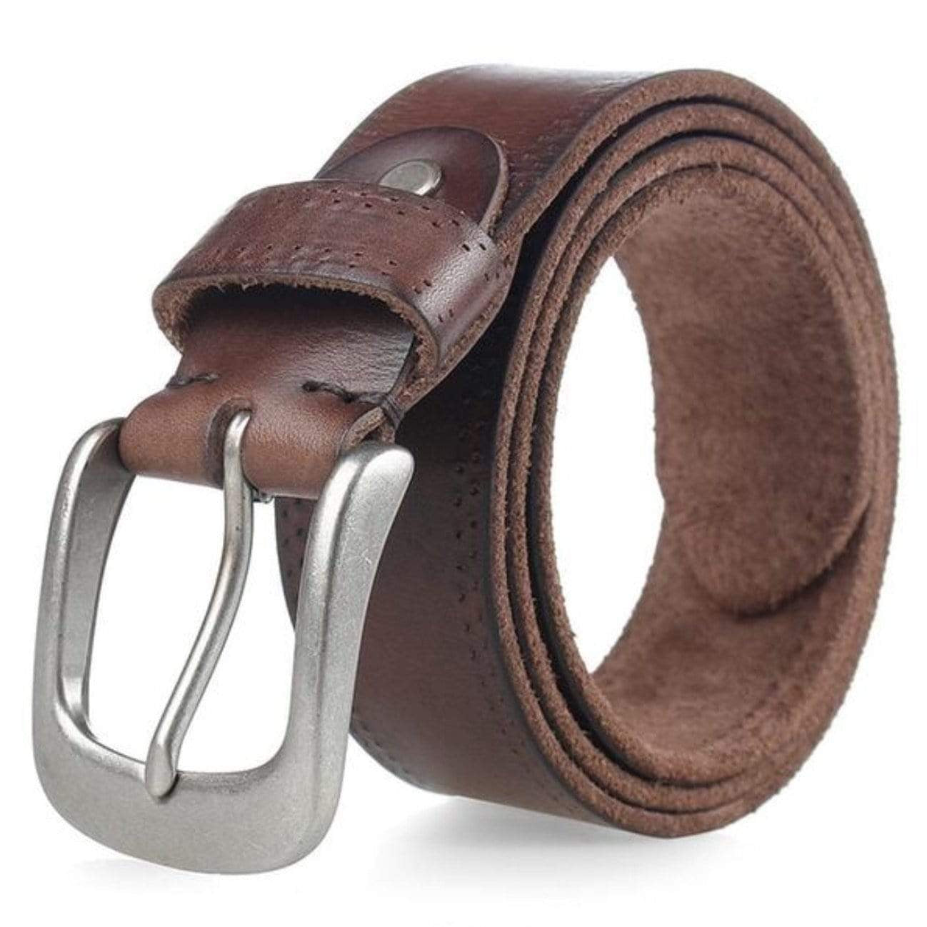 Brown leather belt with silver buckle.
