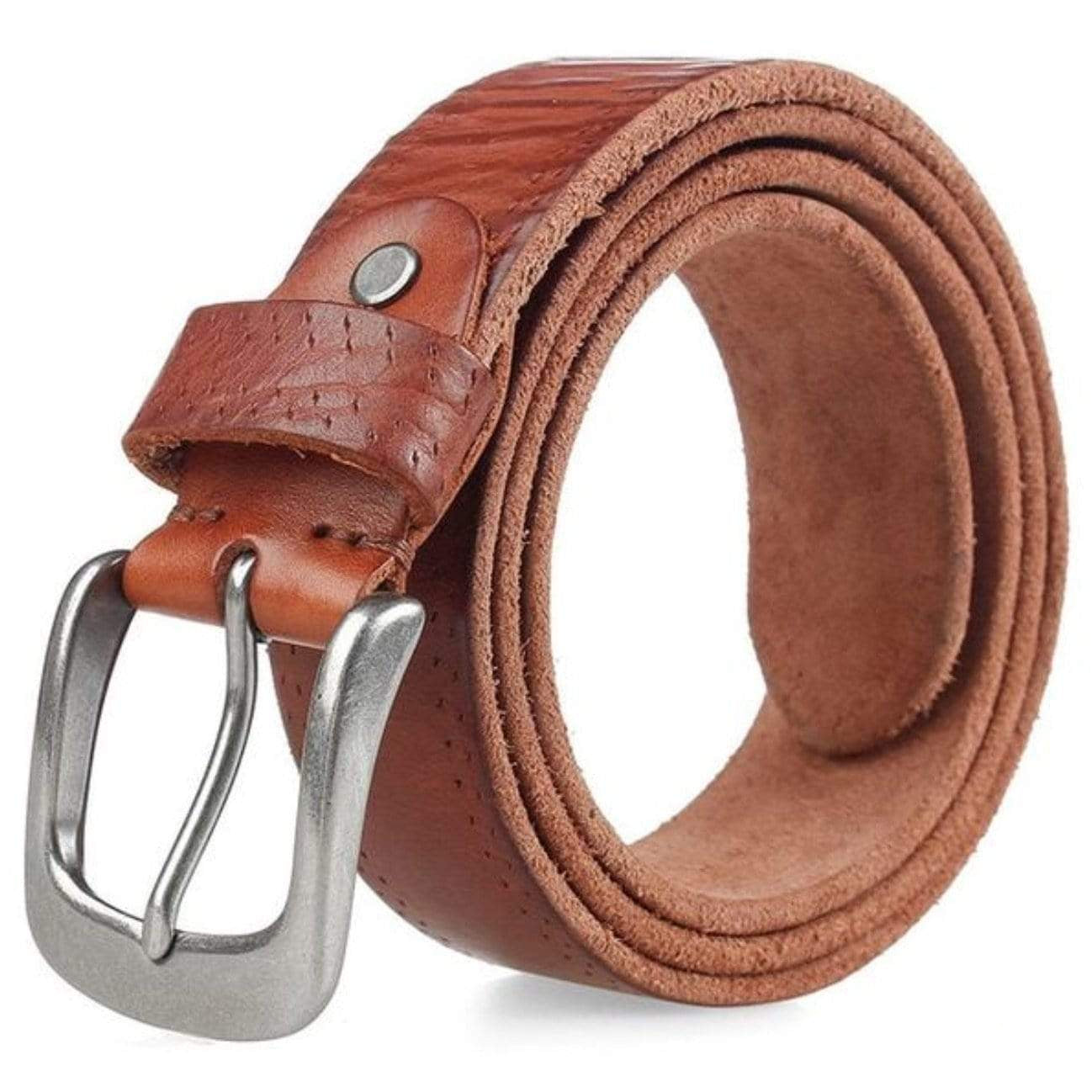 Rolled-up brown leather belt with silver buckle.