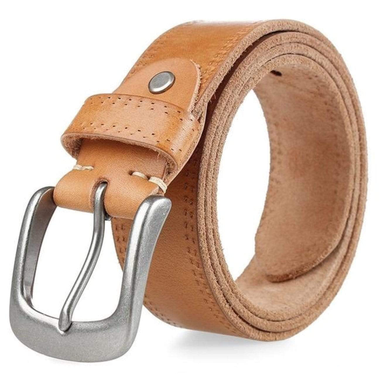 Close-up of a brown leather belt with a silver buckle.