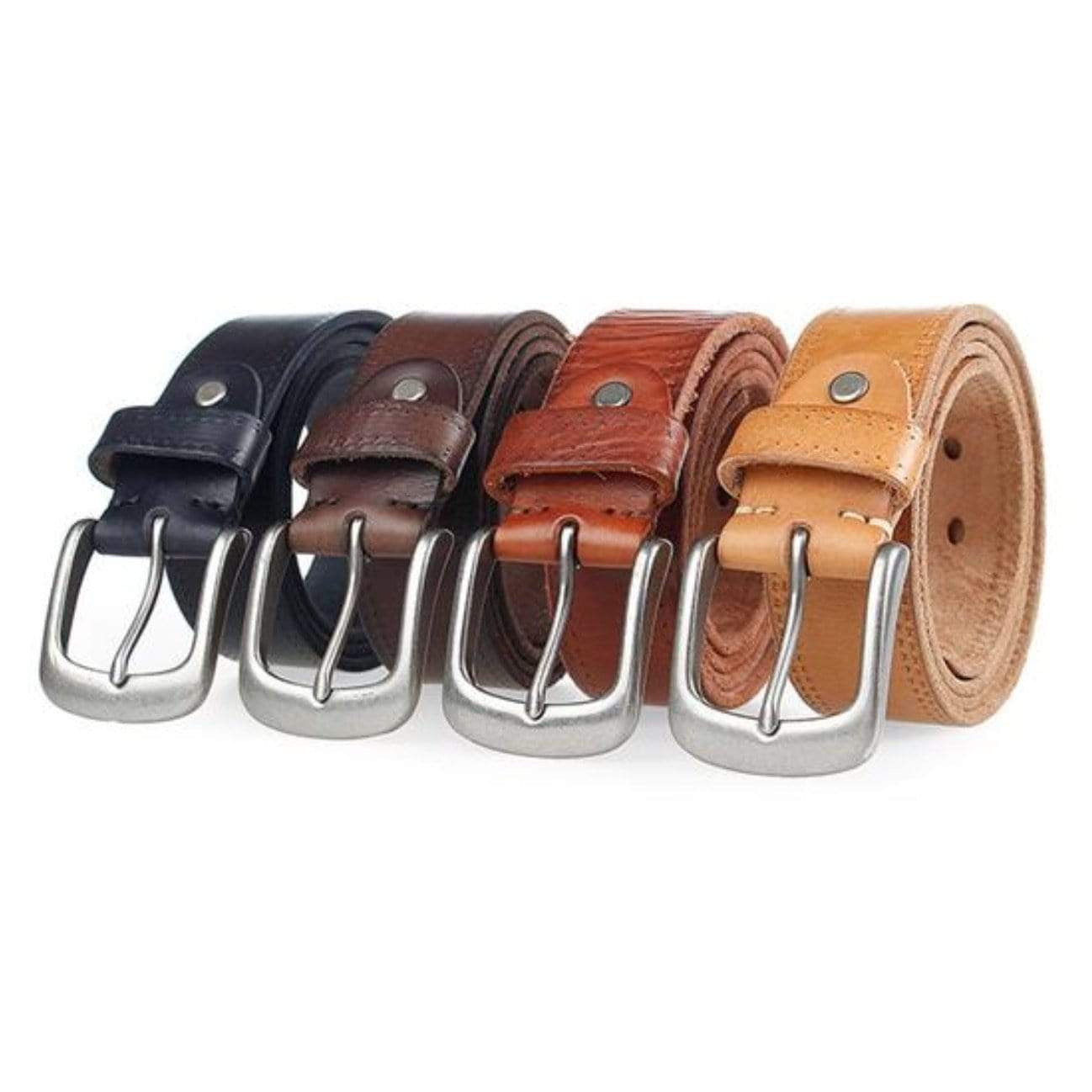 Four leather belts in shades of black, brown, reddish-brown, and tan, each with a silver buckle.