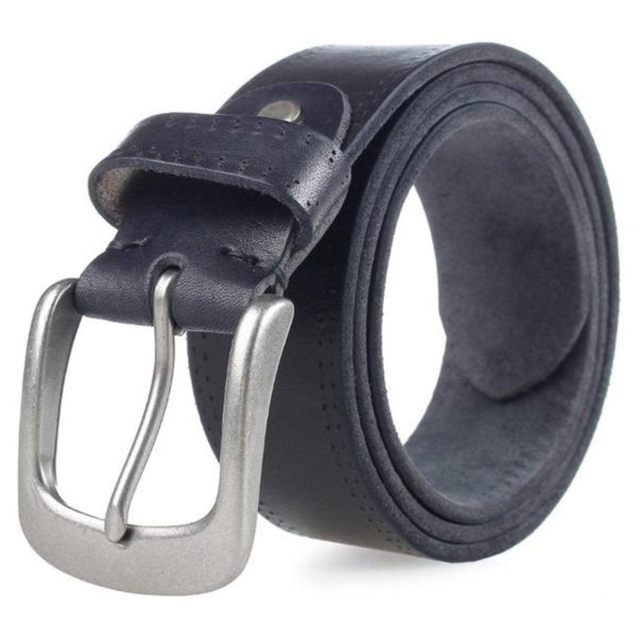 Close-up of a dark blue leather belt with a silver buckle.