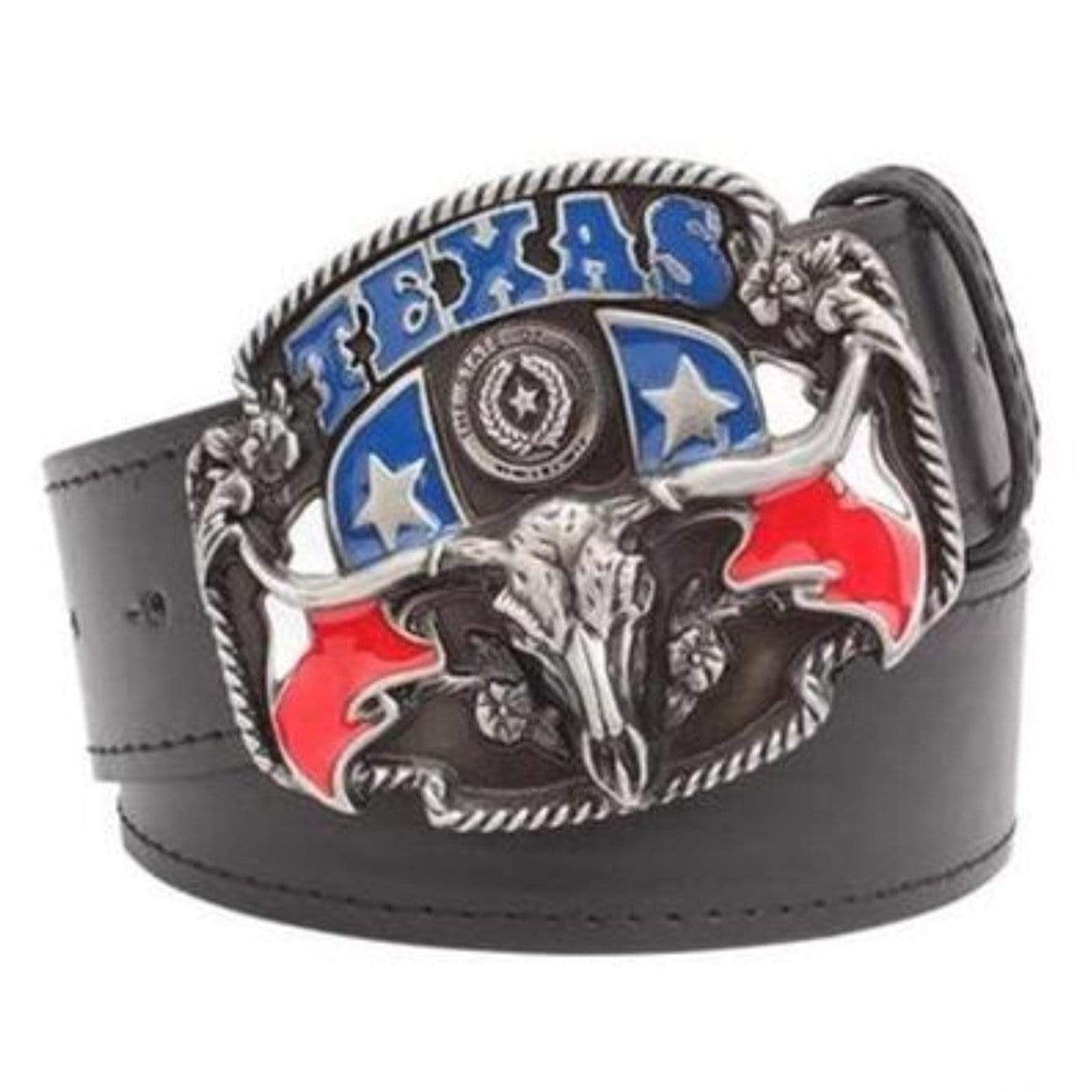 Black leather belt with a silver Texas-themed buckle featuring a steer skull. 

