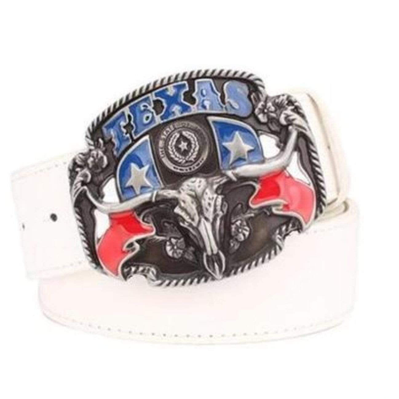 White belt with "Texas" bull-themed buckle.