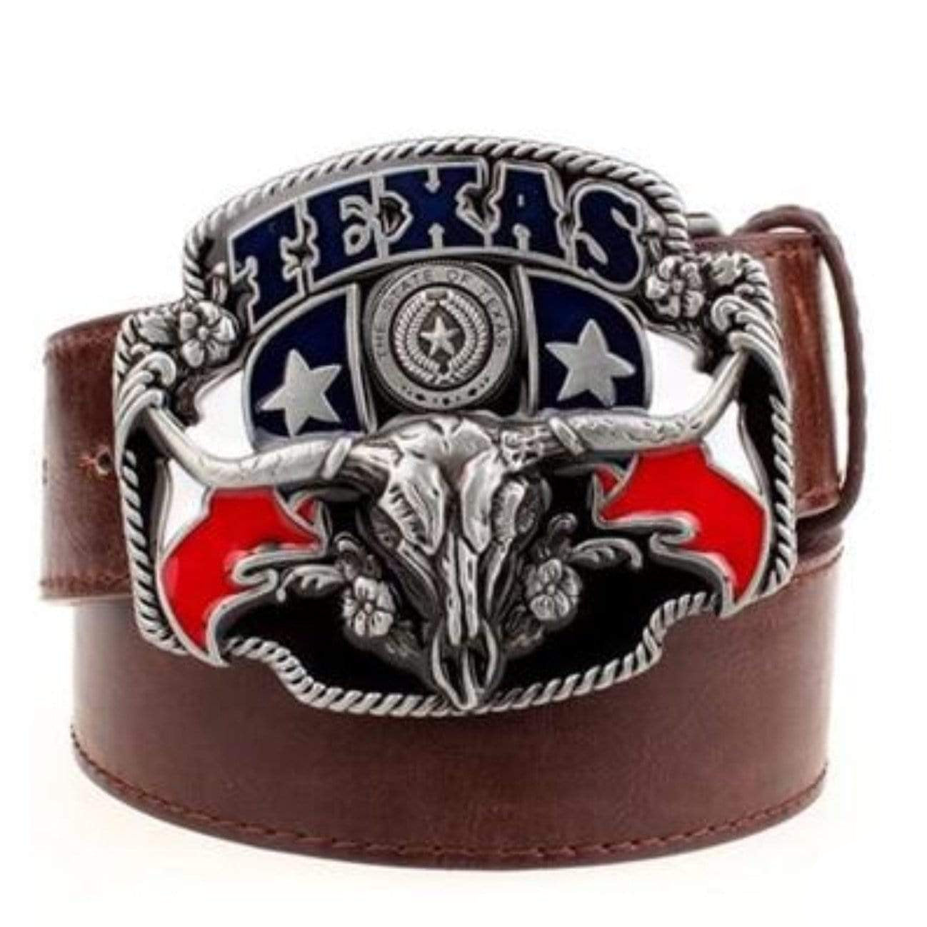 A brown leather belt with a silver Texas-themed belt buckle.