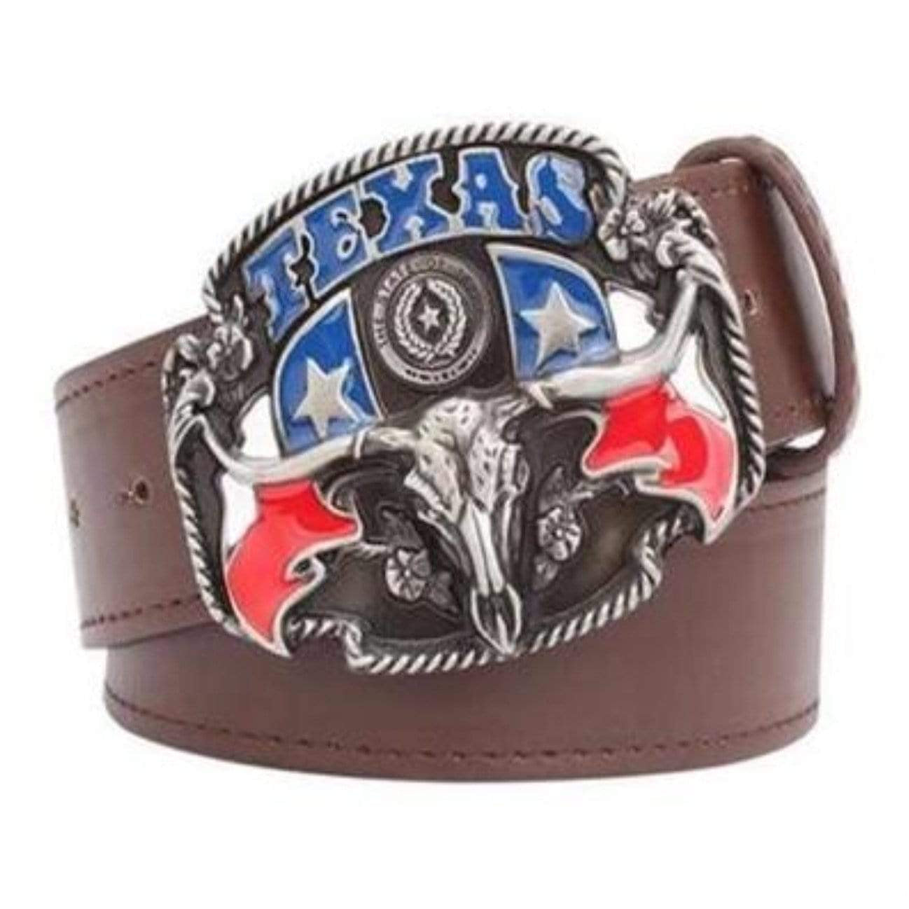 Brown leather belt with a large Texas-themed buckle.
