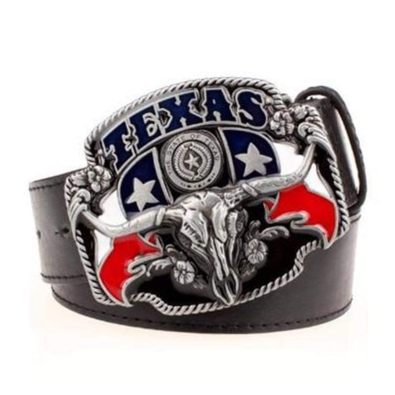 Black leather belt with a silver Texas-themed buckle featuring a longhorn skull.
