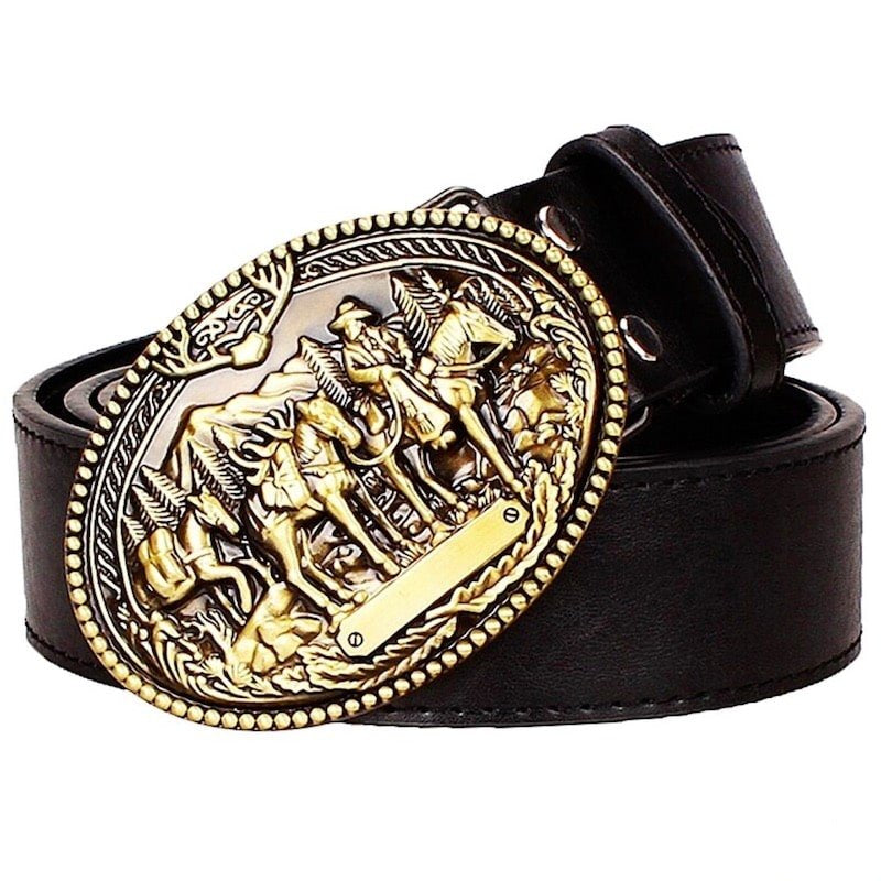 Black leather belt with gold Western-style buckle.
