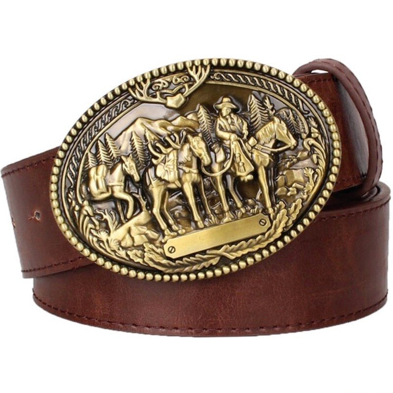 Brown leather belt with ornate gold buckle.
