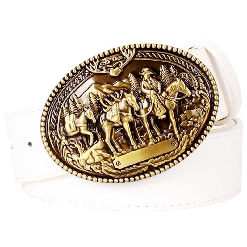 White belt with detailed bronze-colored cowboy-themed buckle.
