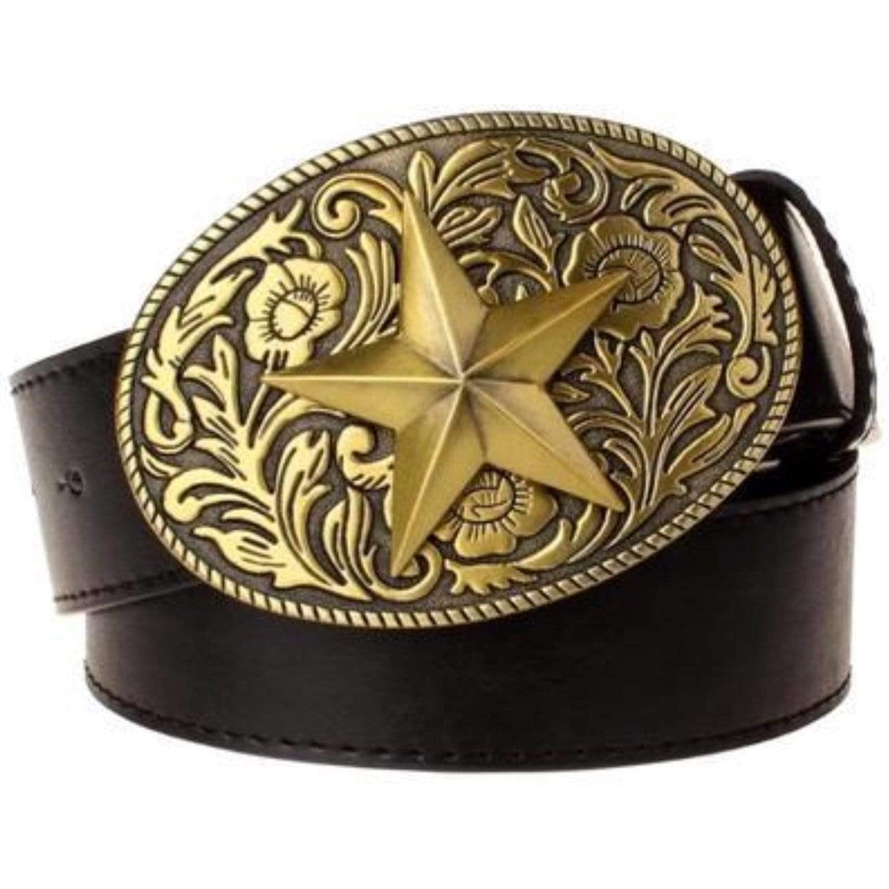 Black leather belt with gold, star-shaped buckle.
