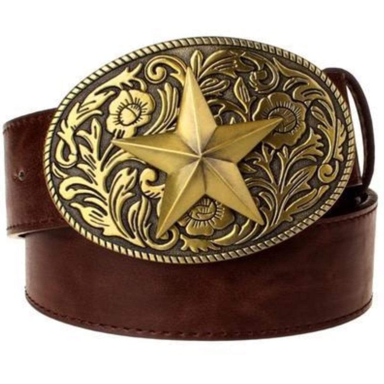 Close-up of a brown leather belt with an ornate, gold-colored buckle featuring a star.