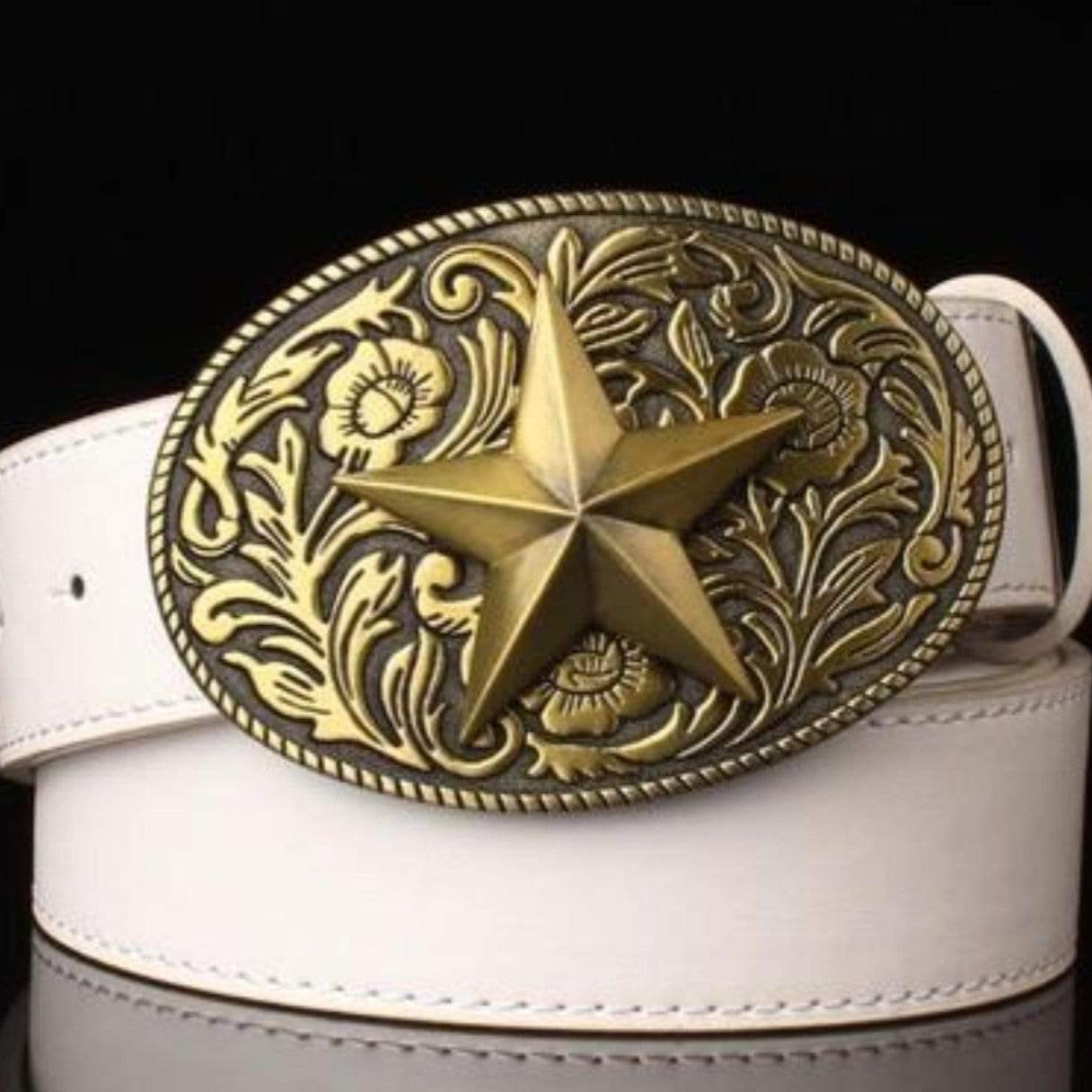 White leather belt with ornate star-shaped brass buckle.