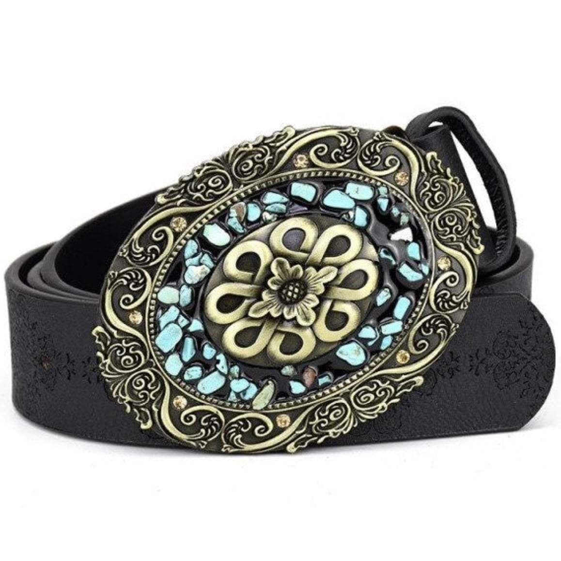 A black leather belt with a large oval buckle featuring a gold floral design, turquoise stones, and filigree details.