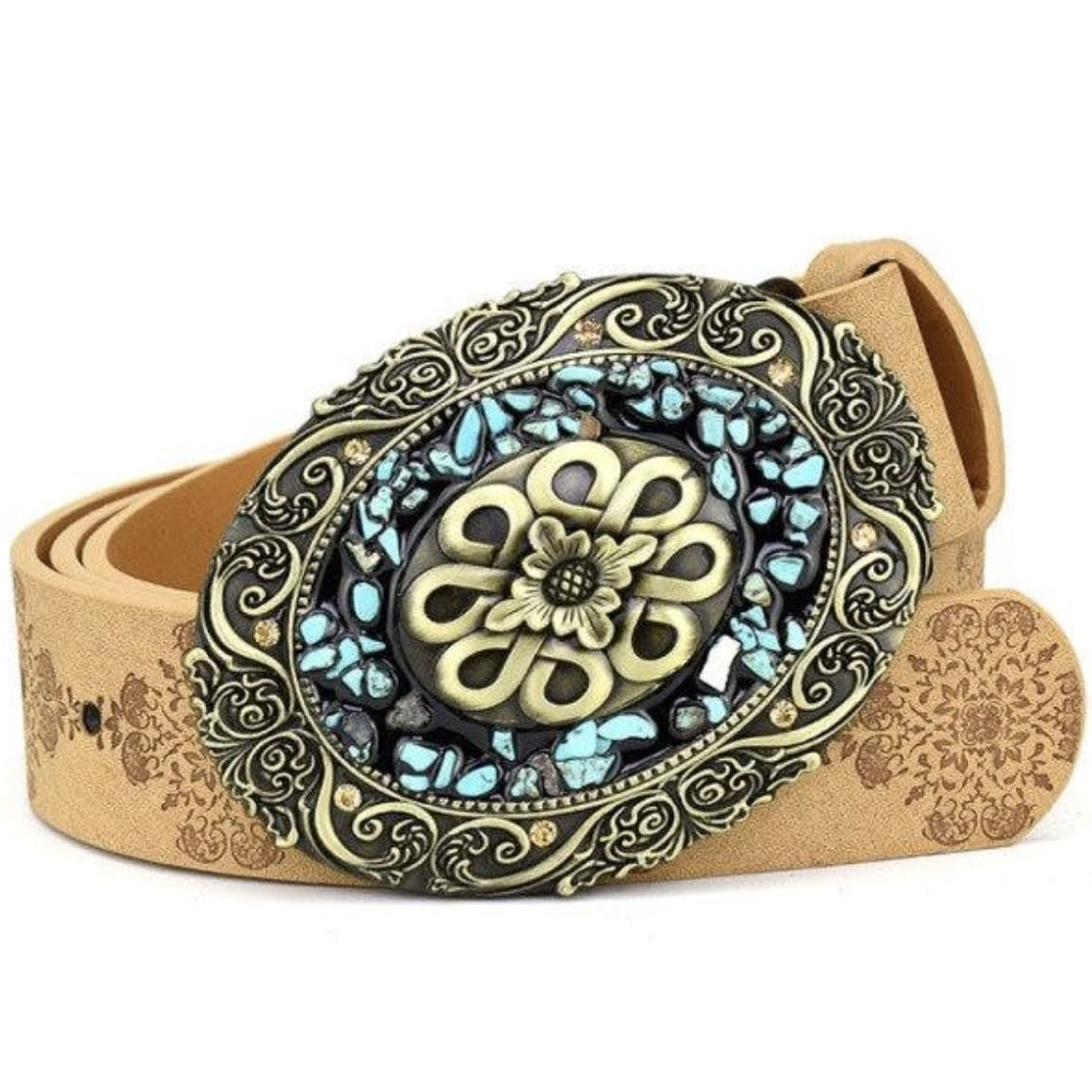 Close-up of a tan belt with an ornate, oval-shaped buckle adorned with turquoise stones and a golden flower design.