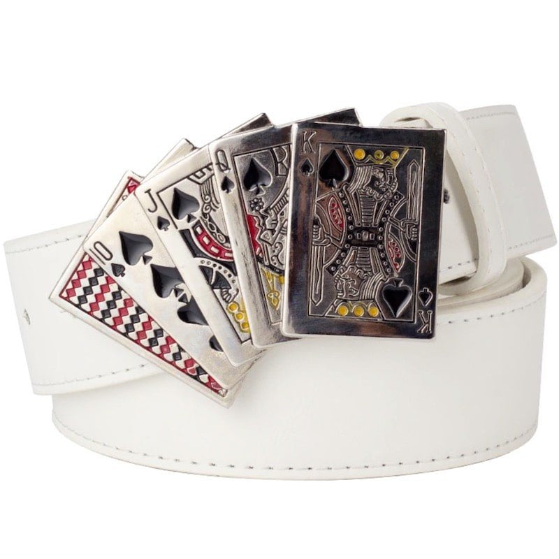 White belt with playing card belt buckle.