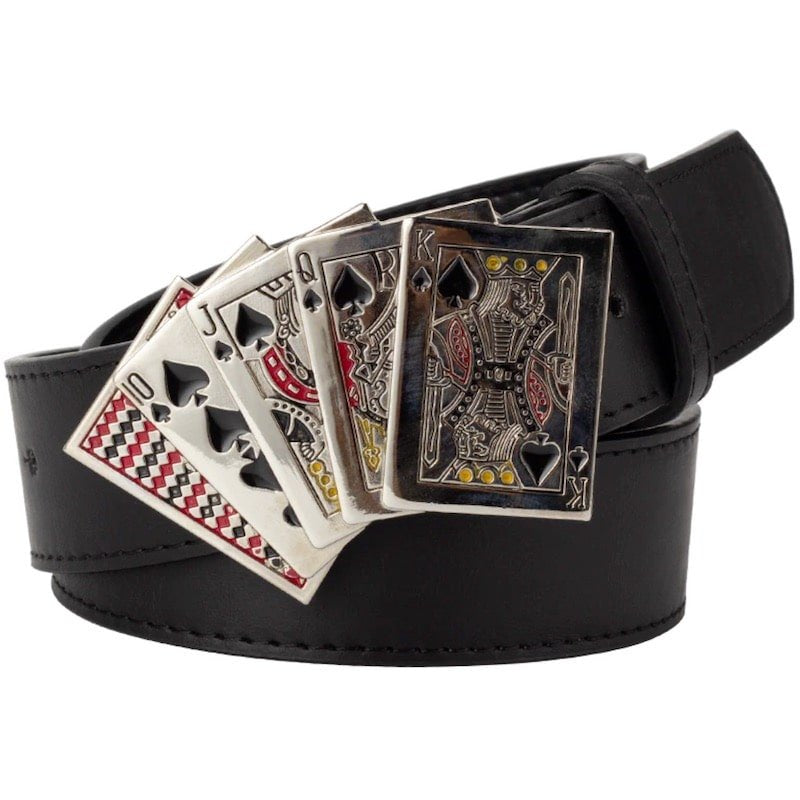 Black leather belt with playing card buckle.