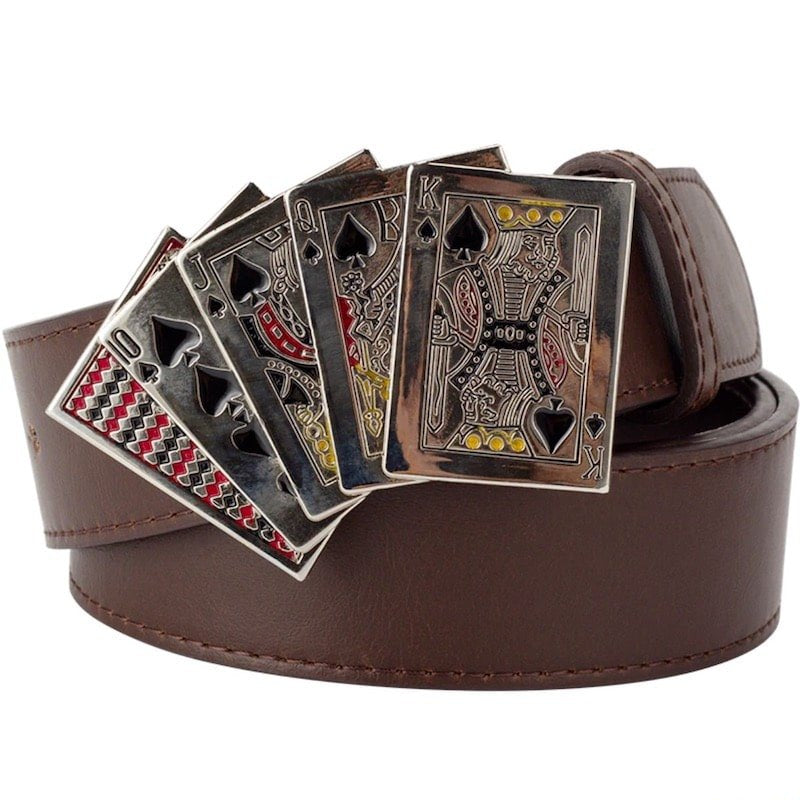 Brown leather belt with playing card belt buckle.