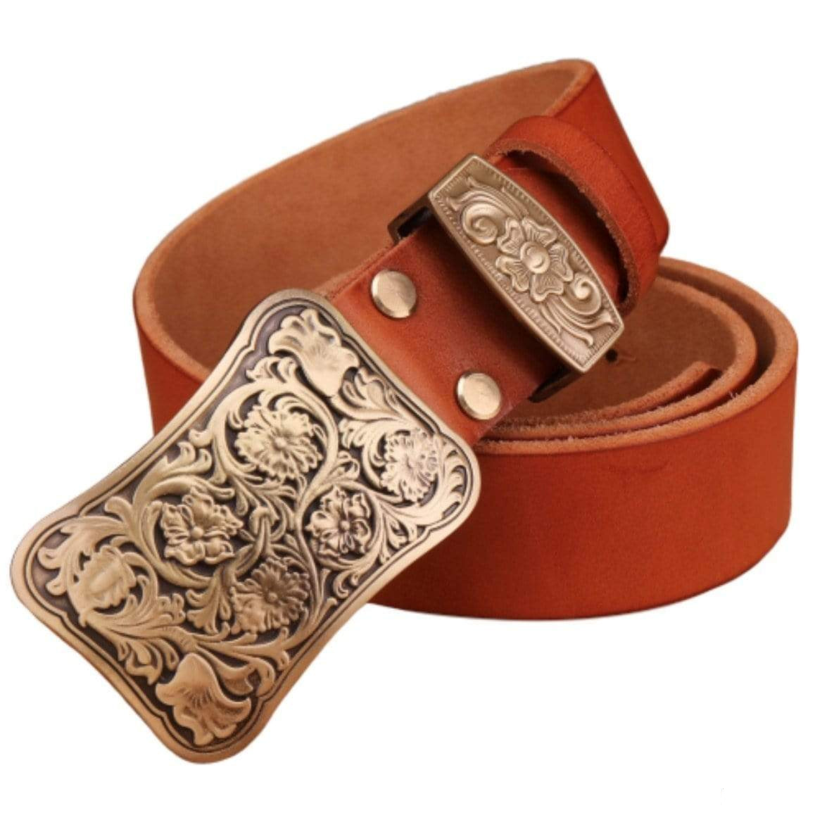 Brown leather belt with ornate metal buckle.
