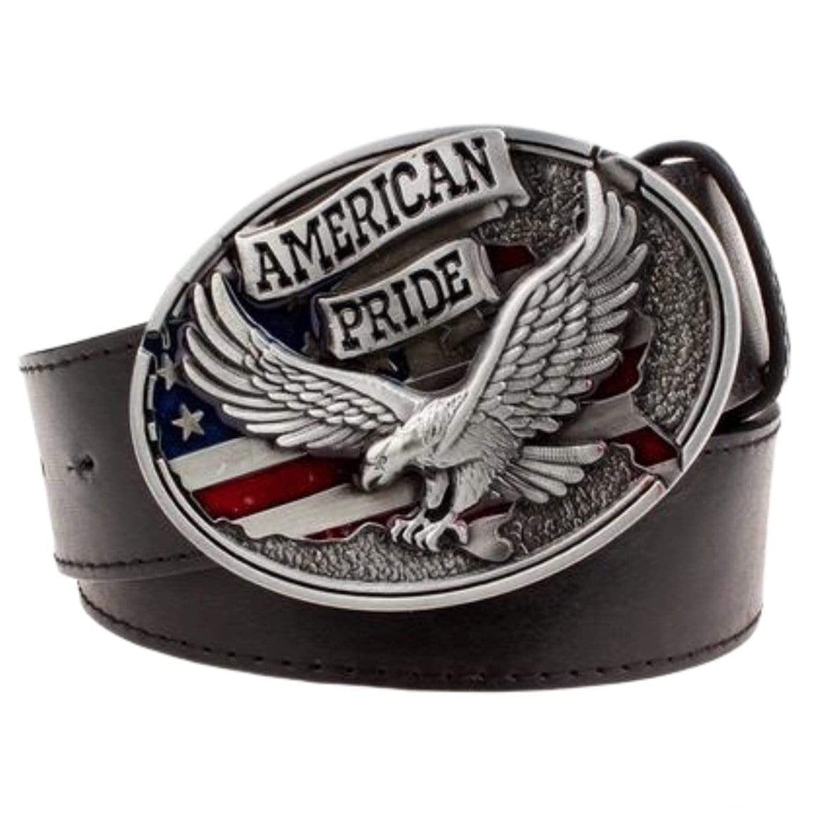 Brown leather belt with large "American Pride" belt buckle, featuring an eagle and a partial American flag.