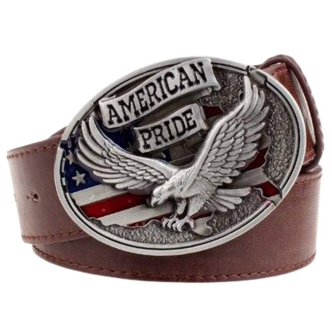 Brown leather belt with a silver oval buckle featuring an American flag and an eagle. The buckle also says "American Pride."

