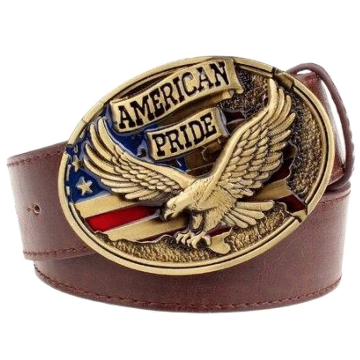 Close-up of a brown leather belt with a large oval buckle featuring a bald eagle, American flag, and the words "American Pride".
