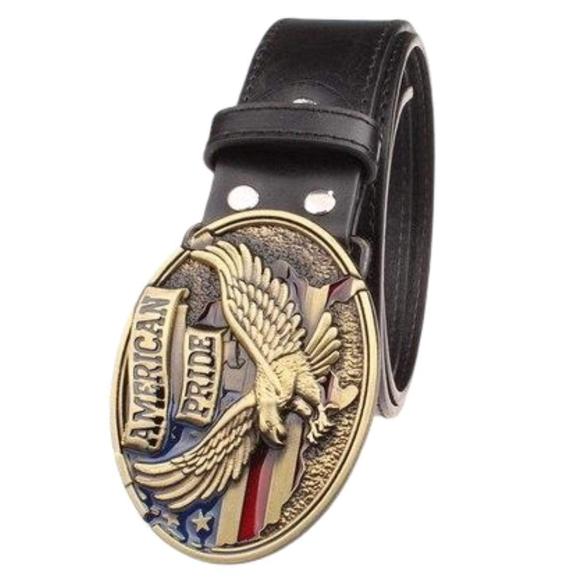 Close-up of a black leather belt with an oval, ornate buckle featuring a golden eagle, the words "American Pride," and a stylized American flag.