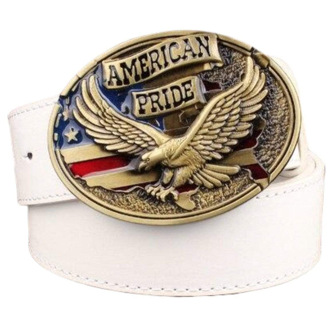 White leather belt with an oval buckle featuring an American eagle, US flag elements, and "American Pride" banner.