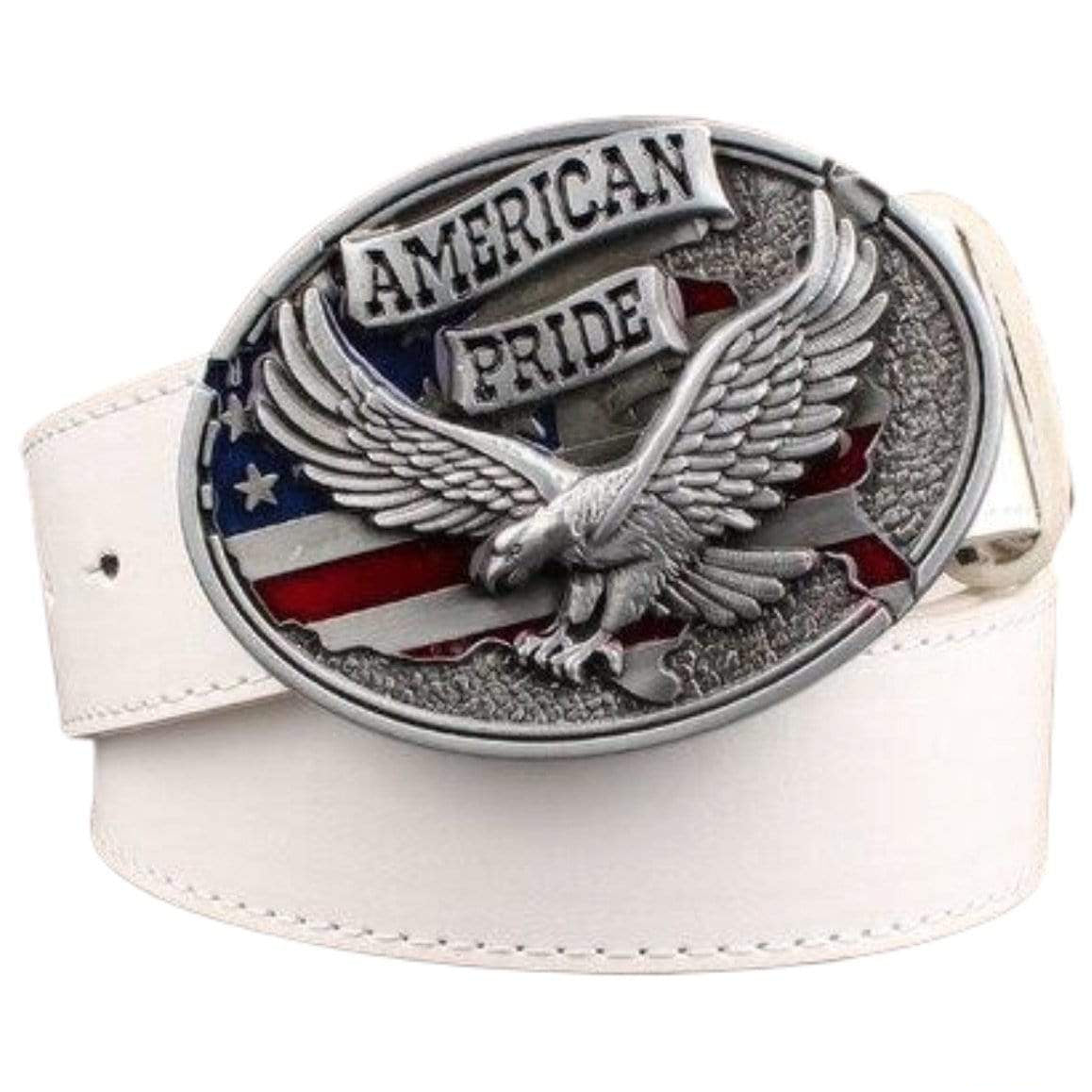 White leather belt with oval, American pride, eagle, and flag buckle.