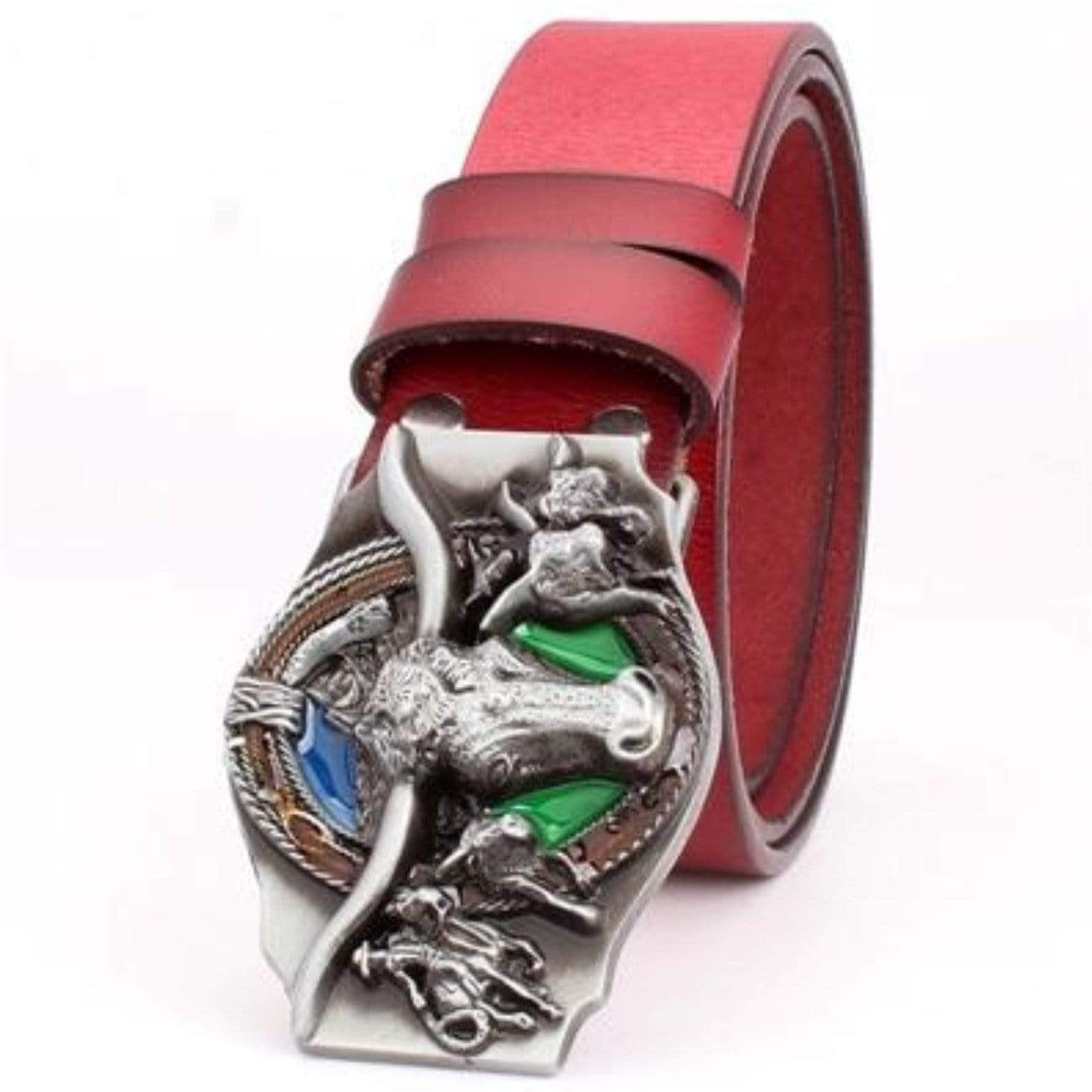 Red leather belt with ornate silver buckle.
