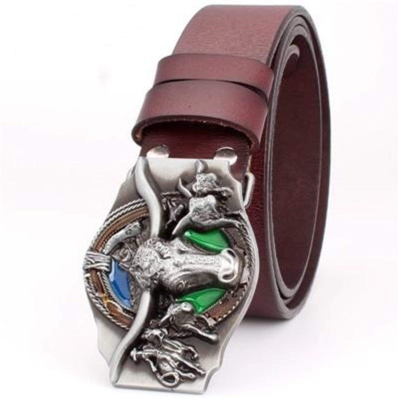 Burgundy leather belt with a detailed silver bull buckle.
